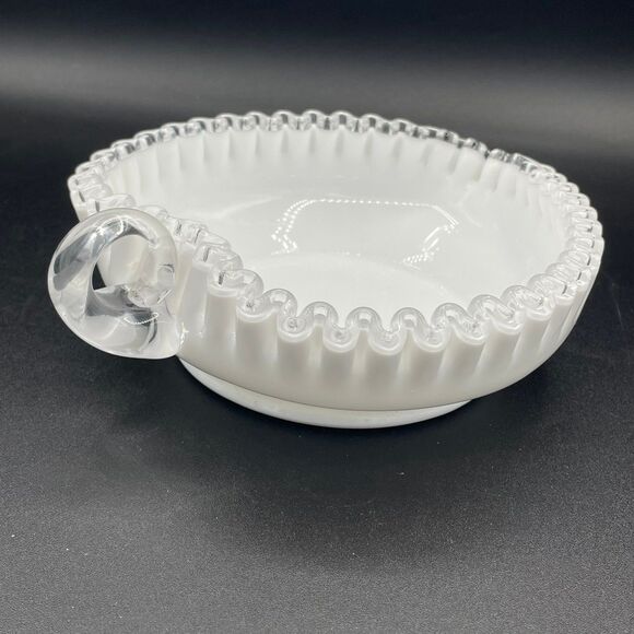 Fenton Milk Glass Heart Shape Nappy Candy Dish w/ Silver Crest Ruffled Edge - Picture 4 of 12